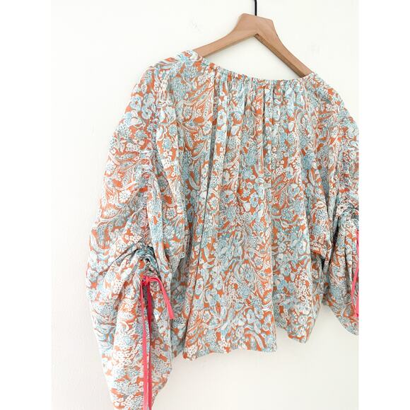 Anthropologie Floral Shirred Top Oversized Bohemian Hippie Tie Long Sleeves - Picture 10 of 11